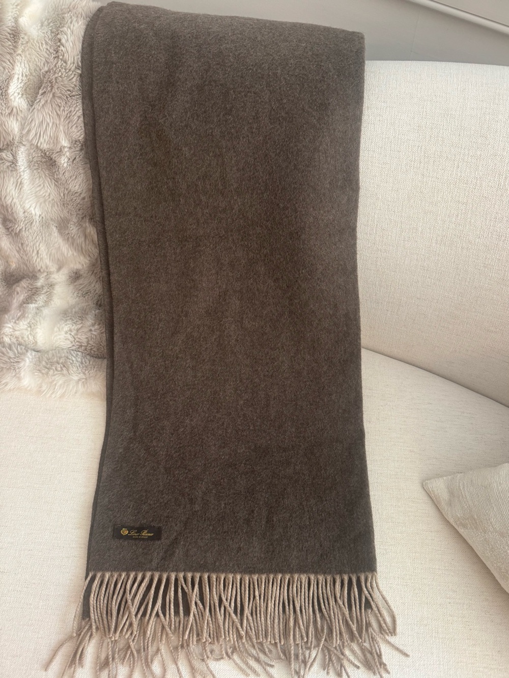 Loro Piana Taupe Brown Cashmere Fringe Scarf